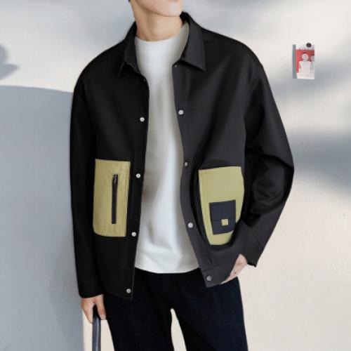 唐狮2025秋季新款男外套宽松翻领上衣简约撞色设计感夹克少年工装