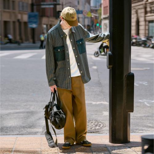 唐狮春秋季新款条纹开衫男宽松工装纯色衬衣休闲外套牛仔潮