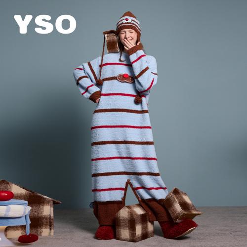 yso【酷猫系列】睡衣女条纹连体半边绒秋冬加厚保暖家居服套装D