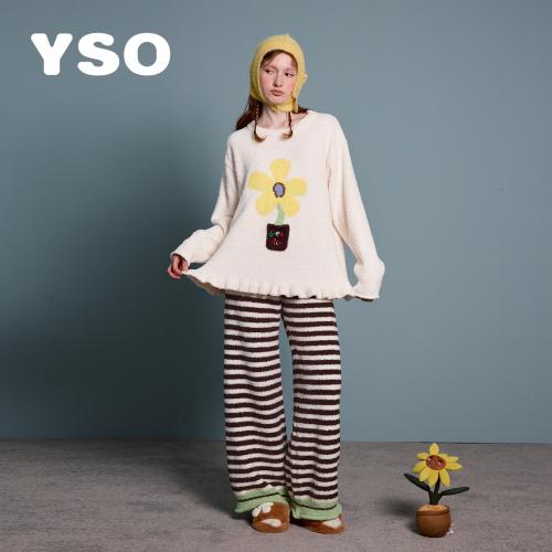 yso【花花梦园】睡衣女秋冬新款加绒有钱花半边绒保暖家居服套装D