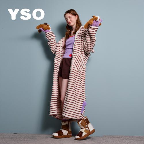 yso【小马系列】睡衣女秋冬加厚加绒条纹卡通连帽家居服保暖睡袍D