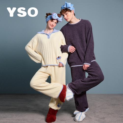 yso【酷猫系列】情侣睡衣女秋冬季新款半边绒翻领保暖家居服套装D