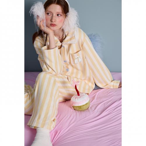 yso【礼物系列】睡衣女秋冬新款珊瑚绒条纹加厚保暖家居服套装D