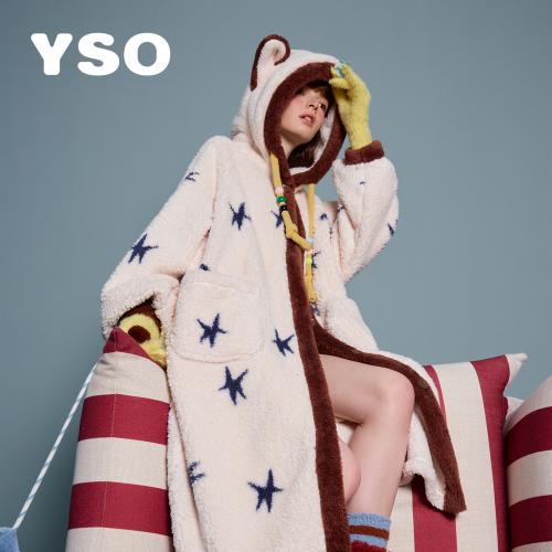 yso【酷猫系列】睡衣女冬季加厚毛绒长款可爱猫耳睡袍保暖家居服D