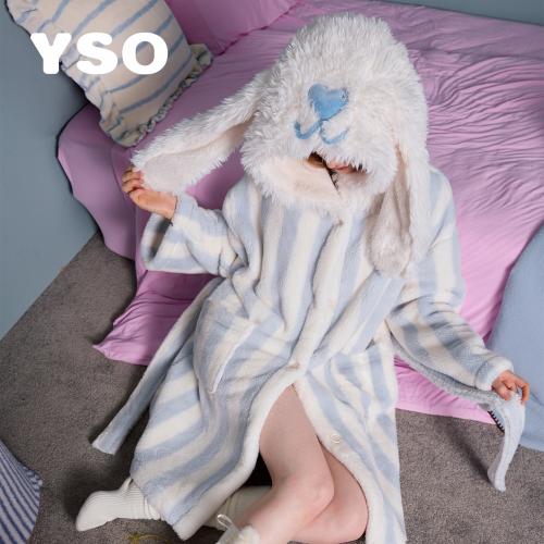 yso【礼物系列】睡衣女冬睡袍加厚珊瑚绒卡通兔子连帽保暖家居服D