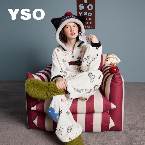 yso【酷猫系列】睡衣女式卡通法兰绒加厚冬季家居服可爱连体睡衣D
