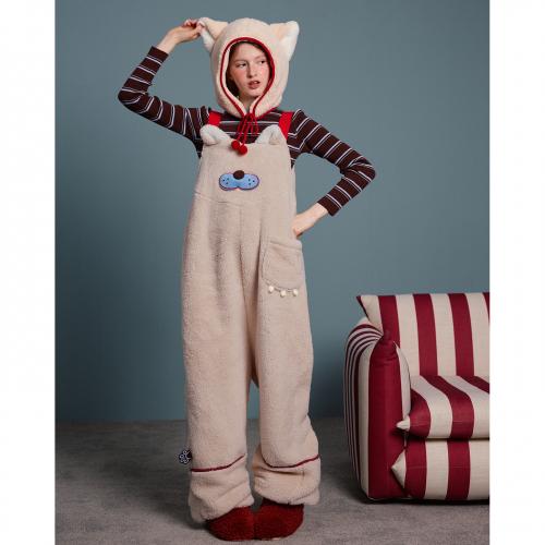 yso【酷猫系列】睡衣女秋冬新款背带裤卡通可爱保暖家居服连衣D