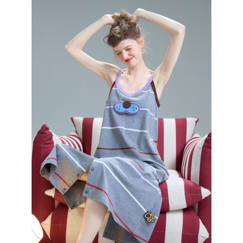 yso【酷猫系列】睡衣女连体短袖夏季条纹休闲睡裙可外穿家居服B