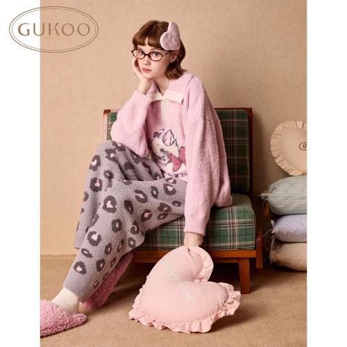 Gukoo/果壳睡衣女冬季半边绒保暖新款迪士尼联名女士家居服套装D