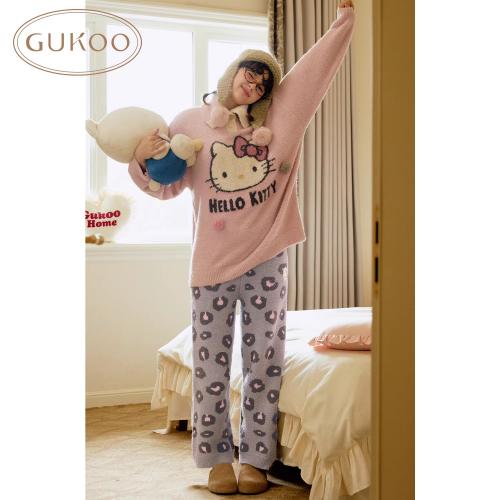 Gukoo/果壳睡衣女冬季半边绒保暖新款HelloKitty联名家居服套装D