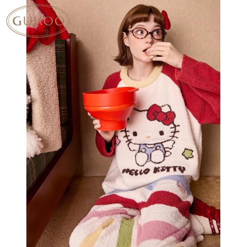 Gukoo/果壳睡衣女冬季HelloKitty新年红半边绒家居服套装D
