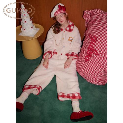 Gukoo/果壳睡衣女冬季珊瑚绒保暖新款mikko联名女士家居服连体衣D