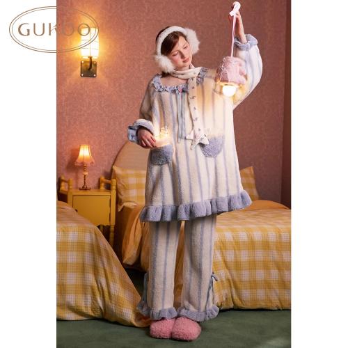Gukoo/果壳睡衣女冬季珊瑚绒保暖新款条纹女士家居服套装D