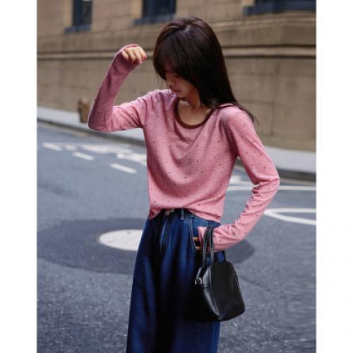 【复古波尔卡】秋季法式撞色圆领波点印花高弹舒适藏肉女式t恤