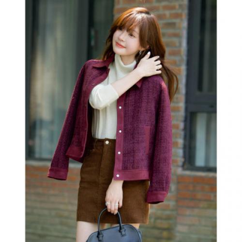 【无界优雅】2025冬小香风肌理感拼接翻领气质正肩单排扣女式外套