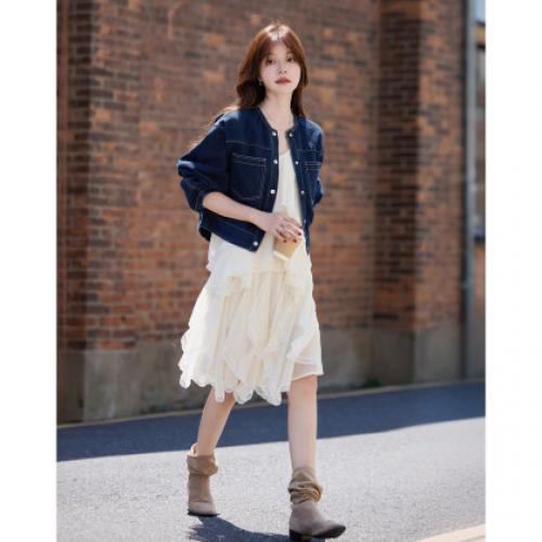 【极简衣橱】秋季云感棉圆领撞色压线宽松休闲小个子女式牛仔外套