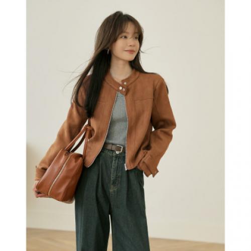 【复古麂皮绒】秋季机车风小立领拉链休闲短款小个子女式夹克外套