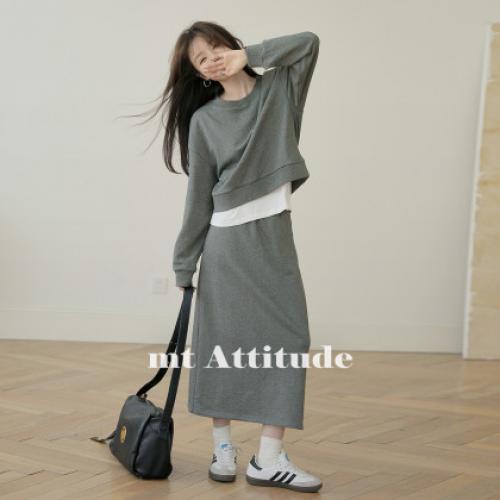 【格雷风】 细闪毛圈面料简约圆领套头卫衣腰头弹力绳小A裙套装