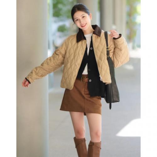 【巴恩风系列】2025冬保暖菱格绗缝棉衣拼接翻领复古小个子女式棉服