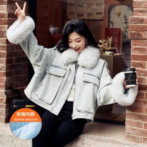【拼接牛仔棉衣】冬季棉服女毛领高档拼接牛仔夹棉外套