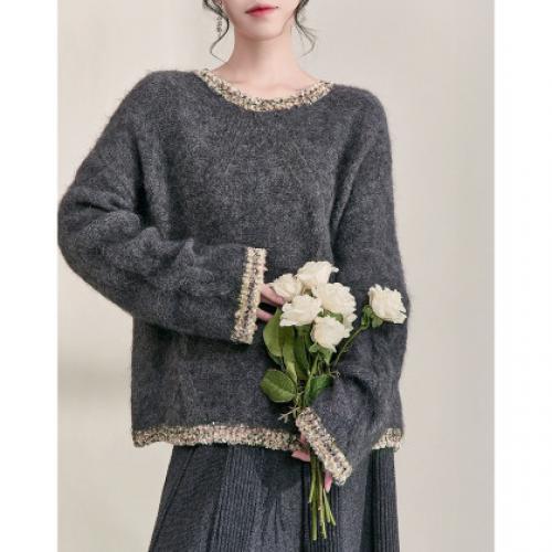 【香风针织】2025冬轻奢圆领撞色边线衫气质舒适含羊毛针织衫女上衣