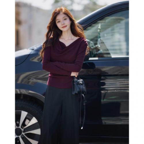 【慵懒序章】秋季法式复古褶皱荡领线衫修身含绵羊毛针织衫女上衣