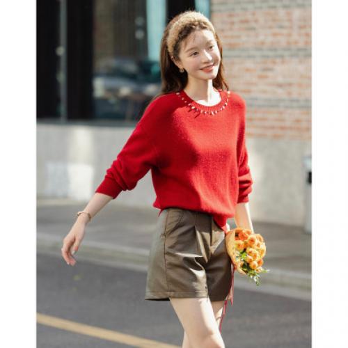 【蓬松绵羊毛】2025冬复古风宝珠装饰圆领线衫柔软舒适针织衫女上衣