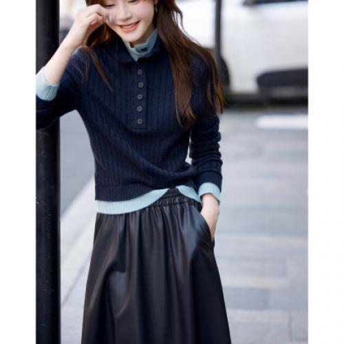 【智暖格调】2025冬通勤风撞色立领线衫气质舒适小个子针织衫女上衣