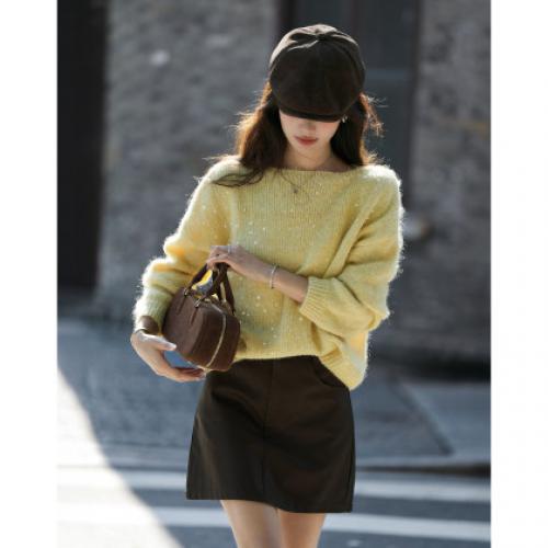 【含蓬松绵羊毛】秋季气质亮片圆领线衫慵懒软糯遮肉针织衫女上衣