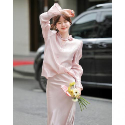 【奢感莱赛尔】秋季静奢通勤花朵装饰立领衬衫泡泡袖衬衣女装上衣