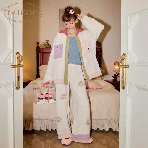 Gukoo/果壳睡衣冬季半边绒保暖新款轰轰小狗可爱女士家居服套装D