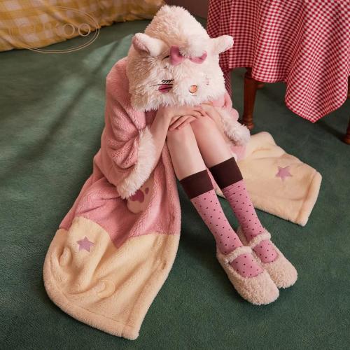 Gukoo/果壳睡袍冬季毛绒保暖新款可爱玛丽猫联名女士家居服睡袍D