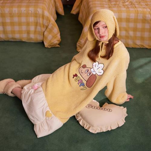 Gukoo/果壳睡裙女冬季毛绒保暖新款轰轰小狗可爱女士家居服睡裙D