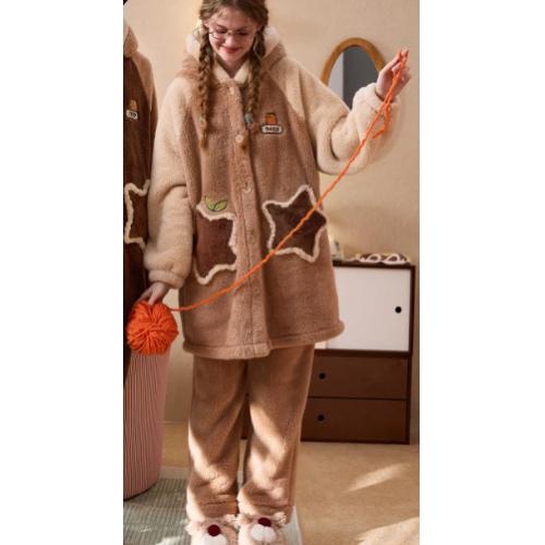 Gukoo/果壳情侣睡衣奇奇蒂蒂秋冬新款睡衣女珊瑚绒男家居服套装D