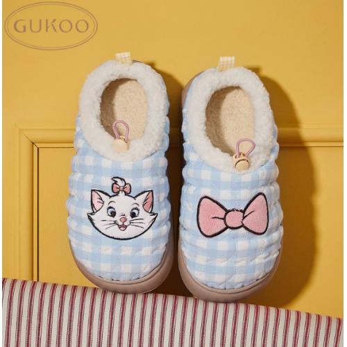 Gukoo/果壳拖鞋女冬季玛丽猫联名新款格子加绒保暖女士居家棉拖鞋