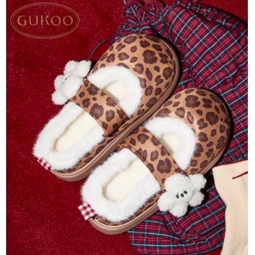 Gukoo/果壳棉鞋女冬季保暖可爱卡通新款米奇豹纹女士居家棉鞋