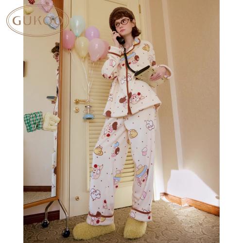Gukoo/果壳睡衣女冬季毛绒保暖新款轰轰小狗满印女士家居服套装D