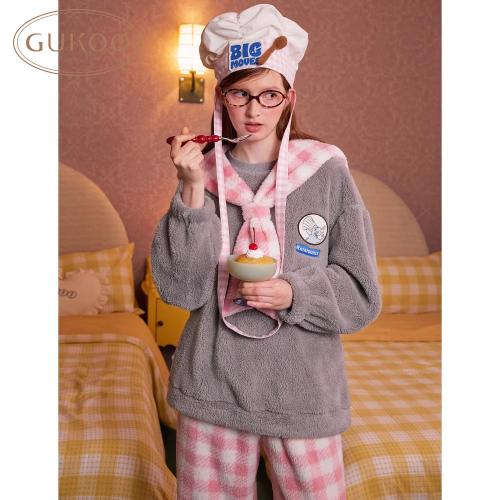 Gukoo/果壳睡衣冬季料理鼠王联名新款珊瑚绒保暖女士家居服套装D