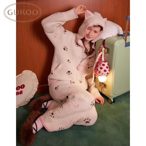 Gukoo/果壳睡衣女冬季半边绒保暖新款mikko联名女士家居服套装D