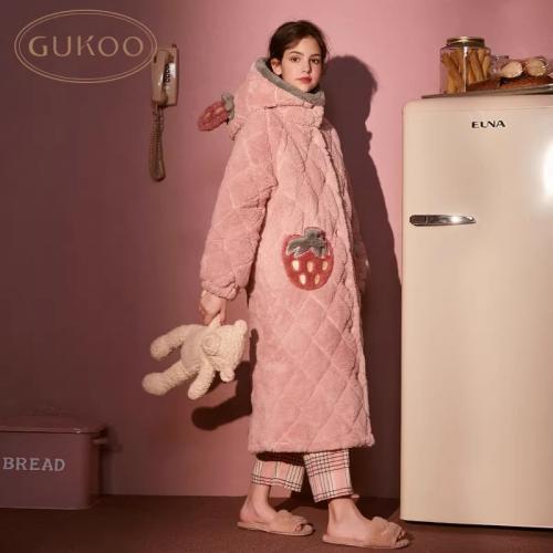 Gukoo/果壳睡袍女冬款加厚女士睡衣粉色家居服女夹棉睡袍睡衣D