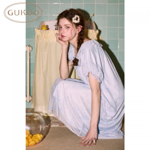 Gukoo/果壳女士夏季睡裙网纱亲肤显瘦甜美泡泡袖短袖中长款可外穿