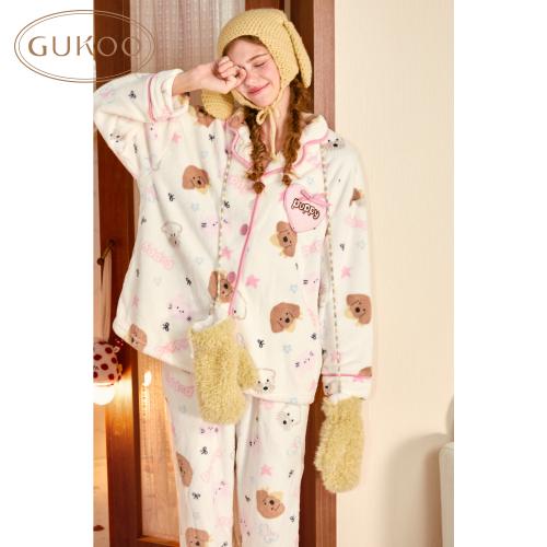 【Gukoo果壳】小狗满印冬款家居服套装睡衣女可爱加厚牛奶绒