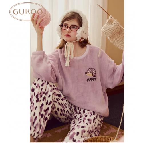 Gukoo/果壳睡衣女秋冬款轰轰小狗系列珊瑚绒保暖家居服套装