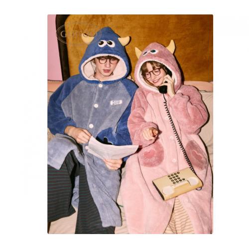 果壳（Gukoo）睡衣女冬款珊瑚绒女家居服保暖连帽卡通睡袍 冰蓝 睡袍男