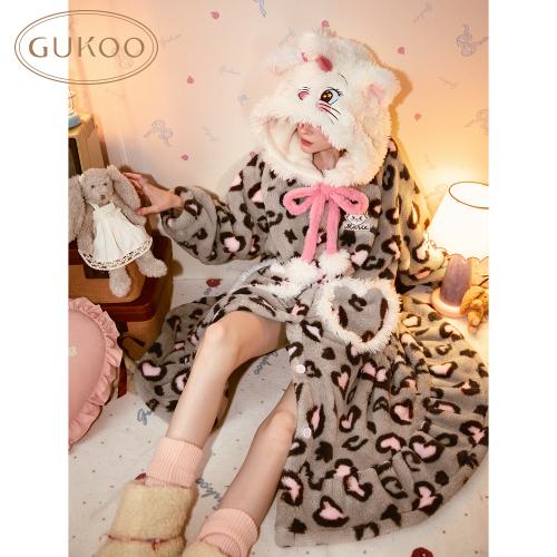 【Gukoo果壳】公主风秋冬睡衣豹纹系列加绒加厚可外穿女士家居睡袍