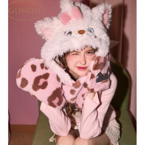 Gukoo/果壳帽子冬季毛绒保暖围脖手套一体新款玛丽猫联名女士帽子
