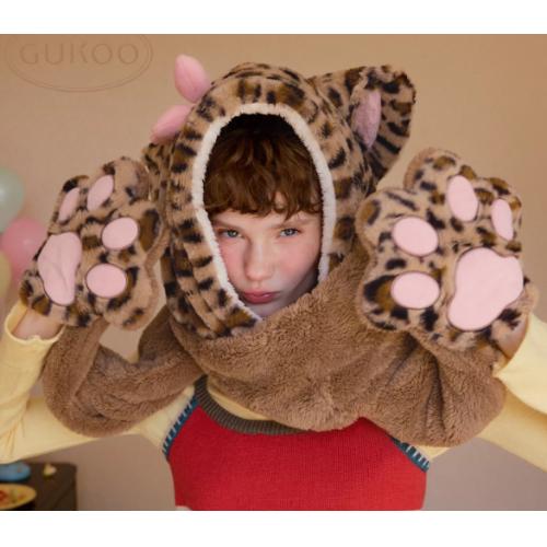 Gukoo/果壳帽子围巾一体包头帽冬季毛绒保暖豹纹三合一围脖手套