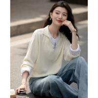 【绵羊毛桑蚕丝混纺】2026春极简风拼接条纹翻领线衫气质女式针织衫
