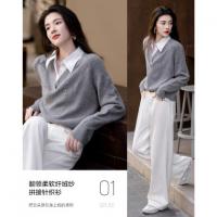 【云朵线衫】春秋简约风通勤拼接翻领舒柔纤绒纱遮肉针织衫女上衣