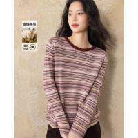 【含绵羊毛】冬季复古圆领撞色条纹提花线衫宽松藏肉针织衫女上衣